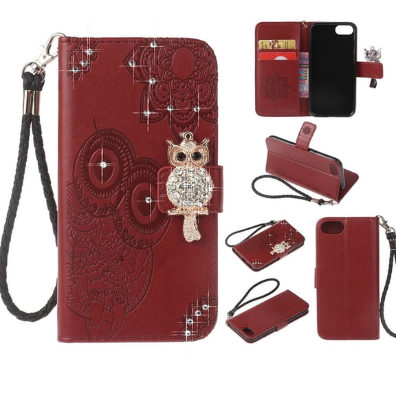 iPhone 7 / 8 Case, Allytech Premium Leather Cute Glitter Owl Shockproof Folio Stand Drop Proof Cards Slots Bumper Magnetic Book Style Wallet Case Cover for Apple iPhone 8/ iPhone 7, Winered