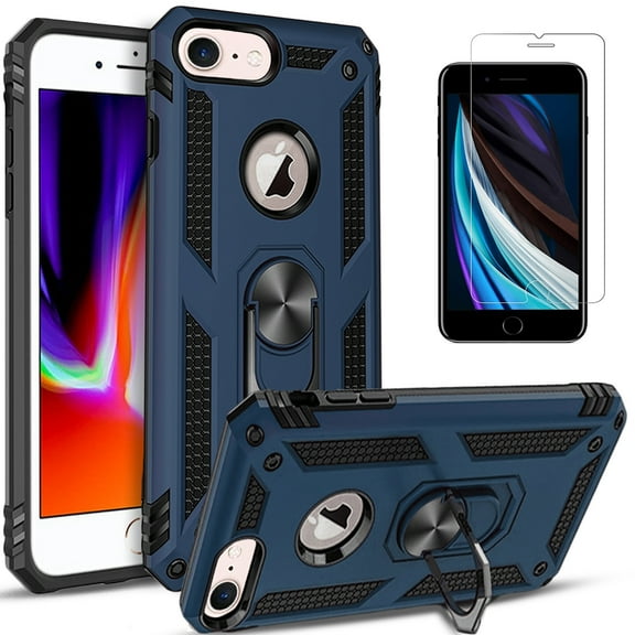 iPhone 7 / 8 Case, [NOT iPhone 7 Plus / 8 Plus] With [Tempered Glass Screen Protector Included], STARSHOP Drop Protection Ring Kickstand Cover- Ink Blue