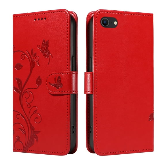 iPhone 7 8 Case Wallet with Cards Holder, iPhone SE 2022/2020 Case 2nd 3rd Gen, Allytech Stylish Butterfly Embossed Shockproof Protective Flip Stand Cover for Girls Women Hand Wrist Case, Red