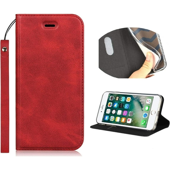 iPhone 7/8 Case with Wrist Strap, Classic PU Leather Wallet Case Slim Flip Folio with Card Holder,Kickstand Feature Magnet Closure Case Cover for iPhone 7/8,iPhone SE (2020 Edition) 4.7",Red
