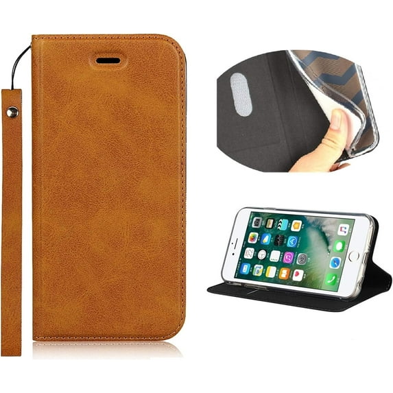 iPhone 7/8 Case with Wrist Strap, Classic PU Leather Wallet Case Slim Flip Folio with Card Holder,Kickstand Feature Magnet Closure Case Cover for iPhone 7/8,iPhone SE (2020 Edition) 4.7",Khaki