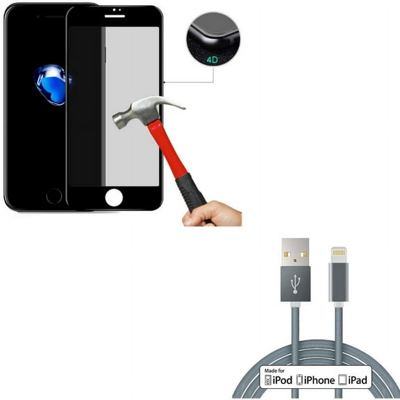iPhone 7/8 PLUS MFi USB Cable w Privacy Screen Protector - 6ft Certified Charger Cord Power, Tempered Glass Curved Anti-Spy Anti-Peep for iPhone 8 PLUS/7 Plus