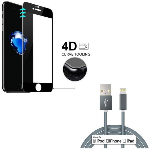 iPhone 7/8 PLUS MFi USB Cable w Screen Protector - 10ft Certified Charger Cord Power, Tempered Glass 4D Touch Curved Edge Full Cover for iPhone 8 PLUS/7 Plus
