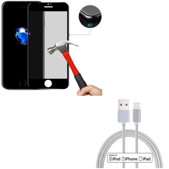iPhone 7/8 PLUS Privacy Screen Protector w MFi USB Cable - Tempered Glass Curved Anti-Spy Anti-Peep, 6ft Certified Charger Cord Power for iPhone 8 PLUS/7 Plus