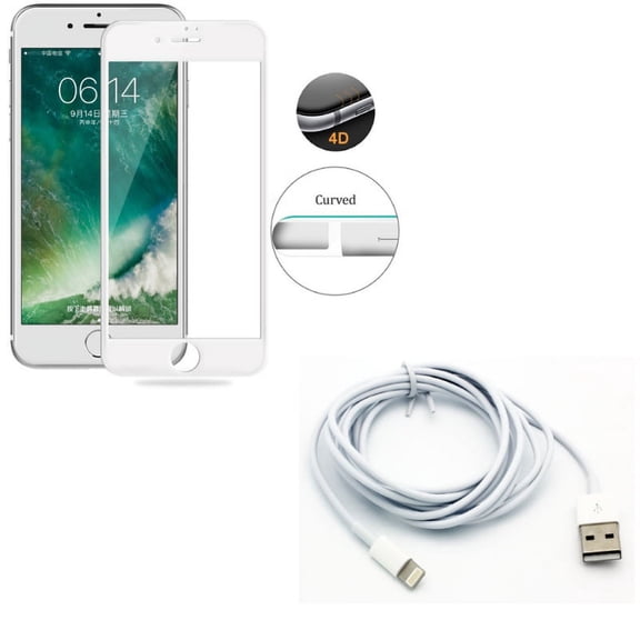 iPhone 7/8 PLUS Screen Protector w 6ft USB Cable - Tempered Glass 4D Touch Curved Edge Full Cover, Charger Cord Power Wire Long for iPhone 8 PLUS/7 Plus