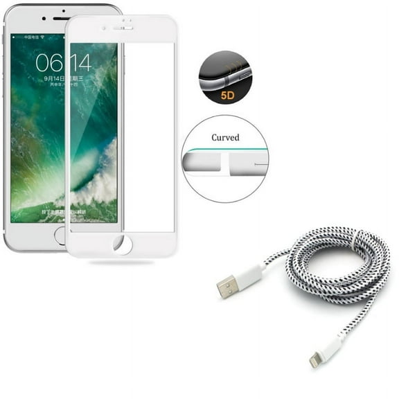 iPhone 7/8 PLUS Screen Protector w 6ft USB Cable - Tempered Glass 5D Touch Curved Edge Full Cover, Charger Cord Power Wire Braided for iPhone 8 PLUS/7 Plus
