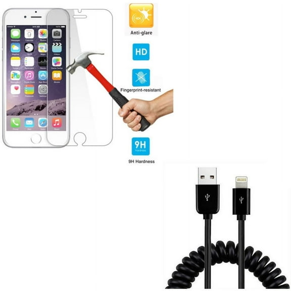 iPhone 7/8 PLUS Screen Protector w USB Cable - Anti-Glare Tempered Glass Matte 2.5D, Coiled Charger Cord Power for iPhone 8 PLUS/7 Plus