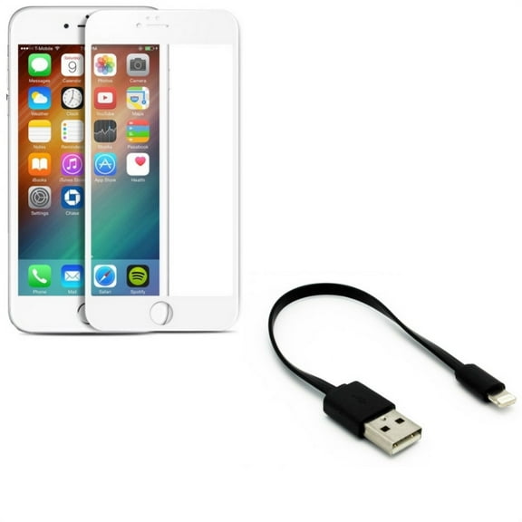 iPhone 7/8 PLUS Short USB Cable w Screen Protector - Charger Cord Power Wire, Ceramics Matte White 3D Curved Edge for iPhone 8 PLUS/7 Plus