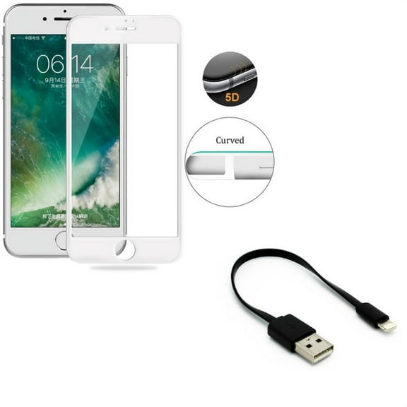 iPhone 7/8 PLUS Short USB Cable w Screen Protector - Charger Cord Power Wire, Tempered Glass 5D Touch Curved Edge Full Cover for iPhone 8 PLUS/7 Plus