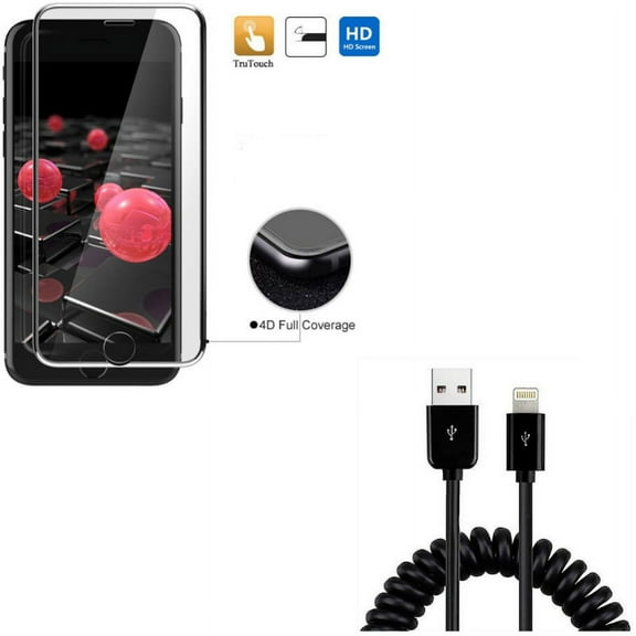 iPhone 7/8 PLUS USB Cable w Screen Protector - Coiled Charger Cord Power, Tempered Glass 4D Touch Curved Edge Full Cover for iPhone 8 PLUS/7 Plus