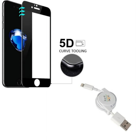 iPhone 7/8 PLUS USB Cable w Screen Protector - Retractable Charger Power Cord, Tempered Glass 5D Touch Curved Edge Full Cover for iPhone 8 PLUS/7 Plus