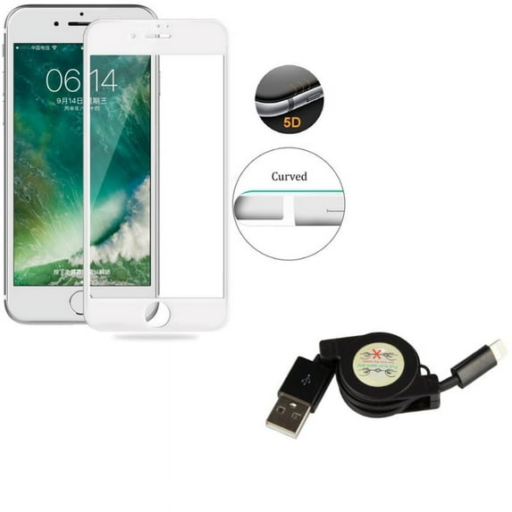 iPhone 7/8 PLUS USB Cable w Screen Protector - Retractable Charger Power Cord, Tempered Glass 5D Touch Curved Edge Full Cover for iPhone 8 PLUS/7 Plus