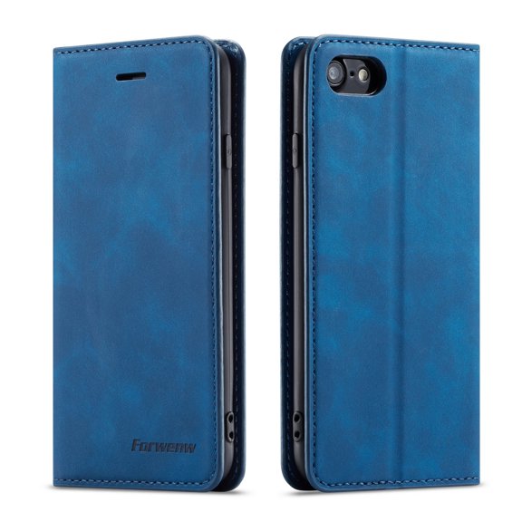 iPhone 7 / 8 / SE 2020 / SE 2022 Wallet Case Luxury PU Leather Case, Book Folding Flip Retro Case with Kickstand, [RFID Blocking] Credit Card Slot Magnetic Closure Protective Cover, Blue