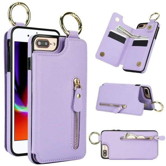 for iPhone 7 / 8 / SE 2020 / SE 2022 Zipper Wallet Case, Premium Lychee Texture PU Leather Double Magnetic Clasp Flip Kickstand Credit Card Slots Shockproof Portable Metal Ring Hook Case, Purple
