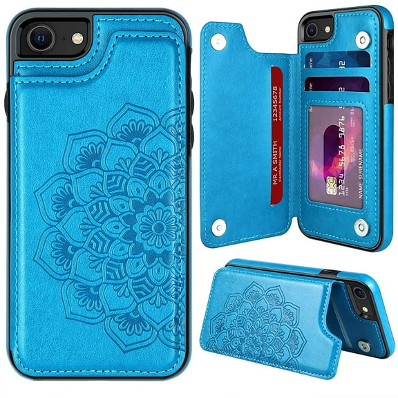 for iPhone 7/8/SE 2020/SE 2022 Case with Card Holder,Flower Magnetic Back Flip Case for iPhone 7/8/SE 2020 Wallet Case for Women,Protective Case Phone Case for iPhone 7/8/SE 2020/SE 2022,Blue