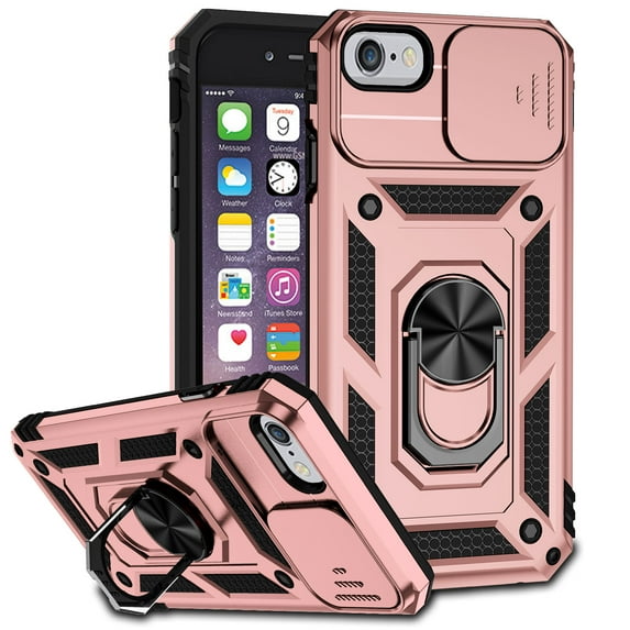 for iPhone 7 / 8 / SE 2020 / SE 2022 Case Heavy Duty Military Grade Protection,Camera Lens Slide Protection & 360°Rotate Magnetic Car Mount Holder Kickstand Rugged Shockproof Drop Hard Shell,Rosegold