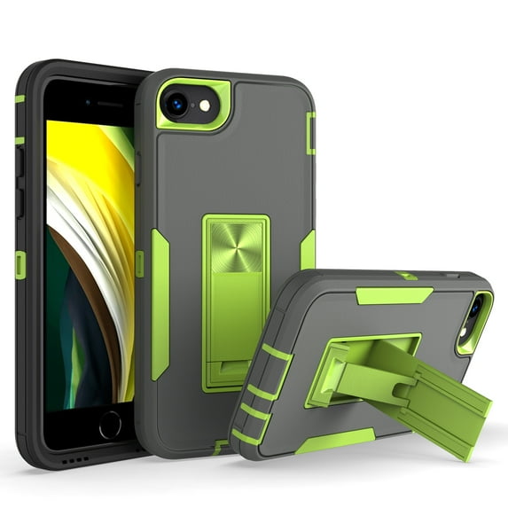 for iPhone 7 / 8 / SE 2020 / SE 2022 Case: Military Grade Protection Shockproof Phone Cover Build-in Hidden Kickstand & Rugged TPU Shell | Matte Durable Drop Proof Heavy Duty Case,Gray+Lightgreen