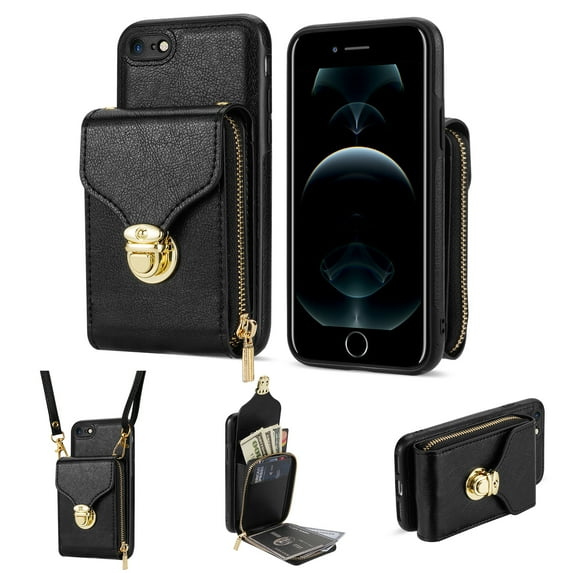 for iPhone 7 / 8 / SE 2020 / SE 2022 Case Wallet with Shoulder Strap for Women - Crossbody Lanyard,Zipper Pocket,Credit Card Holder,Shockproof - Metal Buckle Closure Premium PU Leather Case, Black