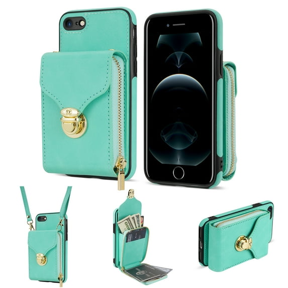 for iPhone 7 / 8 / SE 2020 / SE 2022 Case Wallet with Shoulder Strap for Women - Crossbody Lanyard,Zipper Pocket,Credit Card Holder,Shockproof - Metal Buckle Closure Premium PU Leather Case, Mint