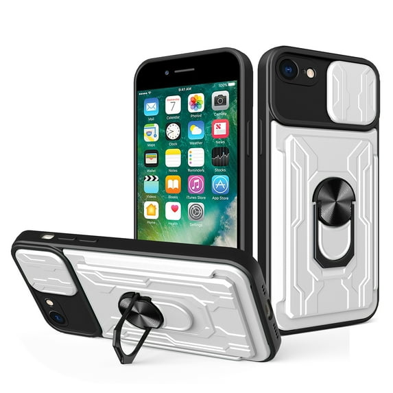 for iPhone 7 / 8 / SE 2020 / SE 2022 Hybrid Case with Camera Lens Slide Cover | Rotatable Ring Holder Kickstand | Impact-Resistant Car Mount Magnetic | Detachable Card Slot Protective Shell, White