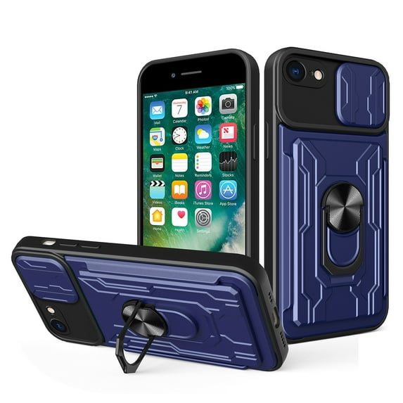 for iPhone 7 / 8 / SE 2020 / SE 2022 Hybrid Case with Camera Lens Slide Cover | Rotatable Ring Holder Kickstand | Impact-Resistant Car Mount Magnetic | Detachable Card Slot Protective Shell, Blue