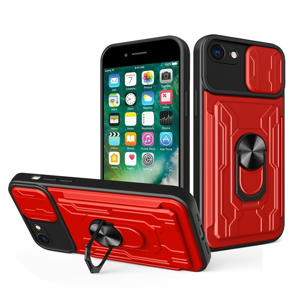 for iPhone 7 / 8 / SE 2020 / SE 2022 Hybrid Case with Camera Lens Slide Cover | Rotatable Ring Holder Kickstand | Impact-Resistant Car Mount Magnetic | Detachable Card Slot Protective Shell, Red