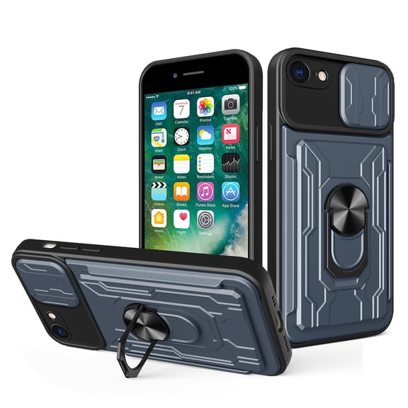 for iPhone 7 / 8 / SE 2020 / SE 2022 Hybrid Case with Camera Lens Slide Cover | Rotatable Ring Holder Kickstand | Impact-Resistant Car Mount Magnetic | Detachable Card Slot Protective Shell, Gray