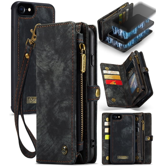 For iPhone 7 / 8 / SE 2020 / SE 2022 Leather Detachable Wallet Zipper Case with 8 Card Slots Holder Magnetic case Flip Wallet Handle Wrist Strap Shockproof Pocket Handbag for Man Woman, Black