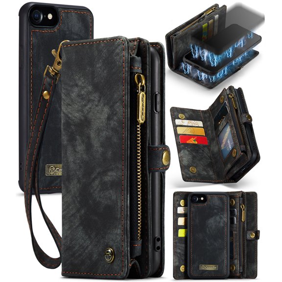 For iPhone 7 / 8 / SE 2020 / SE 2022 Leather Detachable Wallet Zipper Case with 8 Card Slots Holder Magnetic case Flip Wallet Handle Wrist Strap Shockproof Pocket Handbag for Man Woman, Black