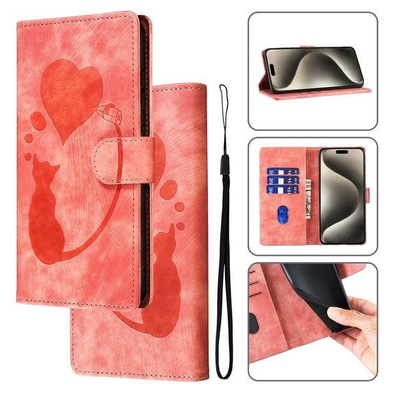 for iPhone 7 / 8 / SE 2020 / SE 2022 Phone Case Wallet Flip Cases,Cute Cat & Heart Patterned,Retro PU Leather Kickstand,Card Holder,Wrist Strap,Magnetic Closure,Shockproof Cover, Pink