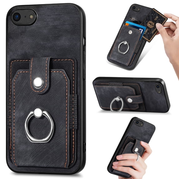 for iPhone 7 / 8 / SE 2020 / SE 2022 Wallet Case with Elastic Card Holder,Premium PU Leather Shockproof TPU Bumper 360° Rotation Finger Ring Holder Kickstand Anti-Scratch Protective Phone Case,Black