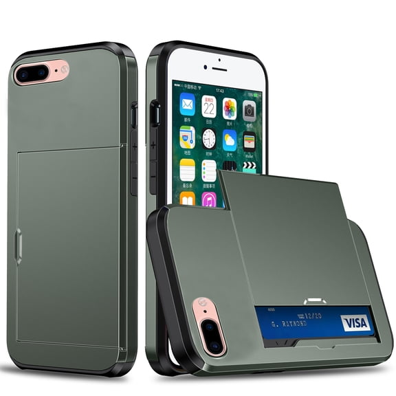 for iPhone 7 / 8 / SE 2020 / SE 2022 Wallet Case with Sliding Door Hidden Pocket Credit Card Holder Dual Layer Heavy Duty Shockproof Hard PC Hybrid TPU Phone Flip Protective Cover, Army Green