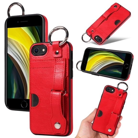 for iPhone 7 / 8 / SE 2022 & 2020 Back Case with Wristband Card Holder Drop Protective Cover with Stand PU Leather All-round Shockproof Finger Ring Snap Bracket for iPhone 7 / 8 / SE 2022 & 2020, Red