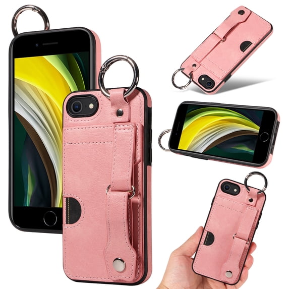 for iPhone 7 / 8 / SE 2022 & 2020 Case, PU Leather Wallet Case Back with Card Slot Magnetic Clasp Kickstand Hand Strap Protective Cover Finger Ring Buckle for iPhone 7 / 8 / SE 2022 & 2020, Pink