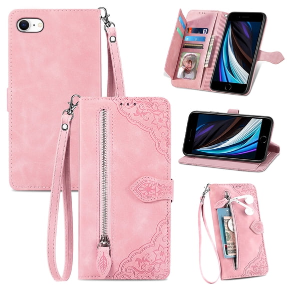 for iPhone 7 / 8 / SE 2022 & 2020 Case for Women,Cute Wallet Case with Zipper Pocket Purse Flower Embossed PU Leather Card Slots Wrist Strap Flip Folio Protective Phone Cover, Pink