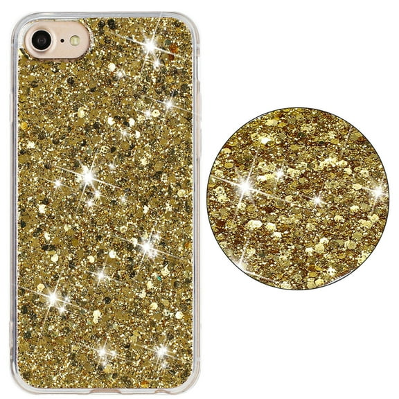 for iPhone 7 / 8 / SE 2022 & 2020 Glitter Case, Cute Bling Sparkle Shiny Slim Soft Silicone Reflective Clear TPU Bumper Women Girls Shockproof Protective Case for iPhone 7 / 8 / SE 2022 & 2020, Gold