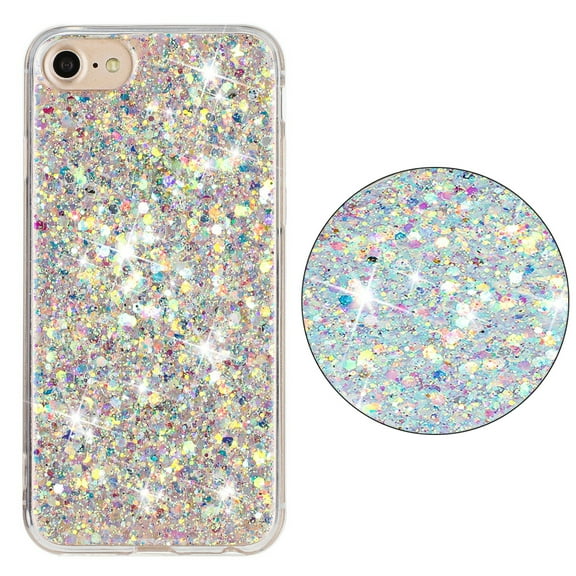 for iPhone 7 / 8 / SE 2022 & 2020 Glitter Case, Cute Bling Sparkle Shiny Slim Soft Silicone Reflective Clear TPU Bumper Women Girls Shockproof Protective Case for iPhone 7 / 8 / SE 2022 & 2020, White