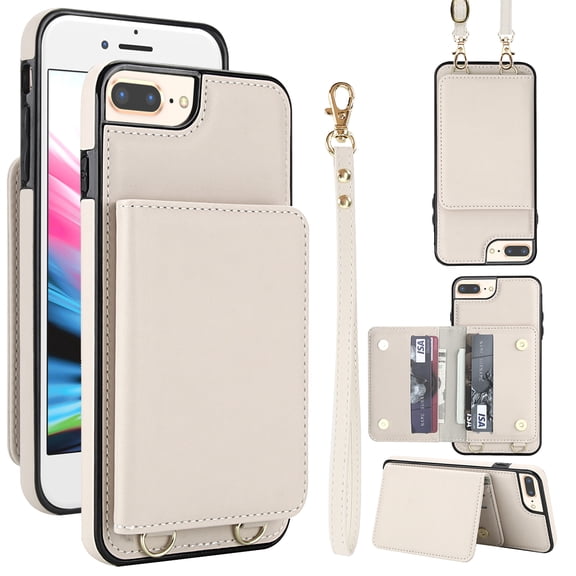 For iPhone 7 / 8 / SE 2022 & 2020 PU Case for Women Girls, Crossbody Wallet Case with Card Slot Lanyard & Wrist Strap Shockproof Purse Flip Back Kickstand Case,White