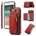 thumbnail image 1 of for iPhone 7 / 8 / SE 2022 & 2020 PU Leather Case, Card Slots and Zipper Pocket Kickstand, Classic Protective Shockproof Lightweight Ultra Slim lip Case Finger Ring Wrist Strap, Red, 1 of 7
