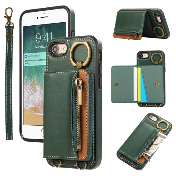 for iPhone 7 / 8 / SE 2022 & 2020 PU Leather Case, Card Slots and Zipper Pocket Kickstand, Classic Protective Shockproof Lightweight Ultra Slim lip Case Finger Ring Wrist Strap, Green