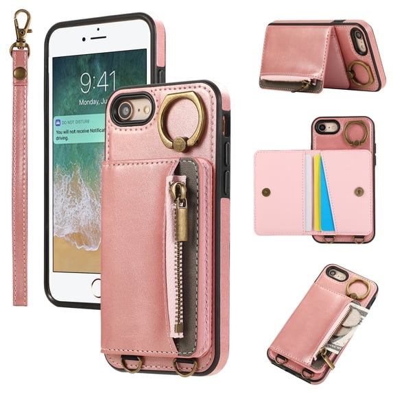 for iPhone 7 / 8 / SE 2022 & 2020 PU Leather Case, Card Slots and Zipper Pocket Kickstand, Classic Protective Shockproof Lightweight Ultra Slim lip Case Finger Ring Wrist Strap, Pink