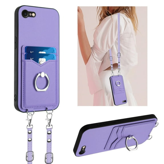 for iPhone 7 / 8 / SE 2022 & 2020 Phone Case Wallet with Crossbody Strap & Card Holder, Premium PU Leather Case, 360 Ring Holder Kickstand Durable Protective Women Men Cover,Purple