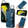 thumbnail image 1 of for iPhone 7 / 8 / SE 2022 & 2020 Wallet Case with Card Holder, Hand Wrist Strap Loop Holder Kickstand, Finger Grip Ring PU Leather Double Buttons Shockproof Soft TPU Cover, Blue, 1 of 10