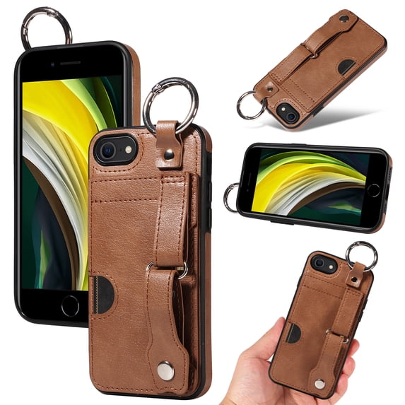 for iPhone 7 / 8 / SE 2022 & 2020 Wallet Case with Card Holder, Hand Wrist Strap Loop Holder Kickstand, Finger Grip Ring PU Leather Double Buttons Shockproof Soft TPU Cover, Brown