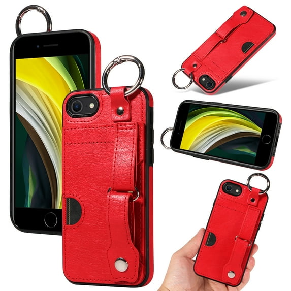 for iPhone 7 / 8 / SE 2022 & 2020 Wallet Case with Card Holder, Hand Wrist Strap Loop Holder Kickstand, Finger Grip Ring PU Leather Double Buttons Shockproof Soft TPU Cover, Red