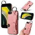 thumbnail image 1 of for iPhone 7 / 8 / SE 2022 & 2020 Wallet Case with Card Holder, Hand Wrist Strap Loop Holder Kickstand, Finger Grip Ring PU Leather Double Buttons Shockproof Soft TPU Cover, Pink, 1 of 10