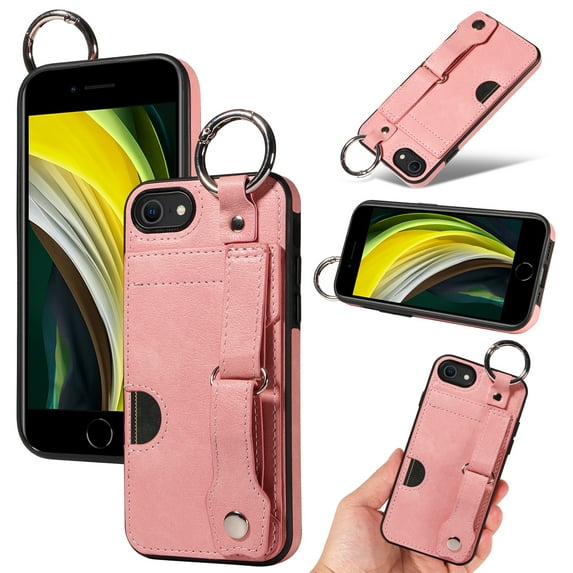 for iPhone 7 / 8 / SE 2022 & 2020 Wallet Case with Card Holder, Hand Wrist Strap Loop Holder Kickstand, Finger Grip Ring PU Leather Double Buttons Shockproof Soft TPU Cover, Pink