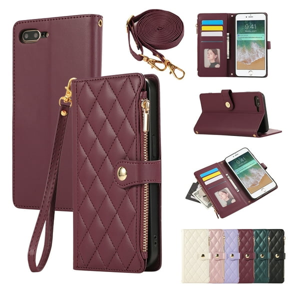 for iPhone 7 / iPhone 8 / iPhone SE 2022 & 2020 Wallet Case with Zipper Pocket Card Holder & Crossbody Lanyard Strap & Wrist Strap, Flip Kickstand PU Leather Magnetic Folio Handbag Purse Case, Winered
