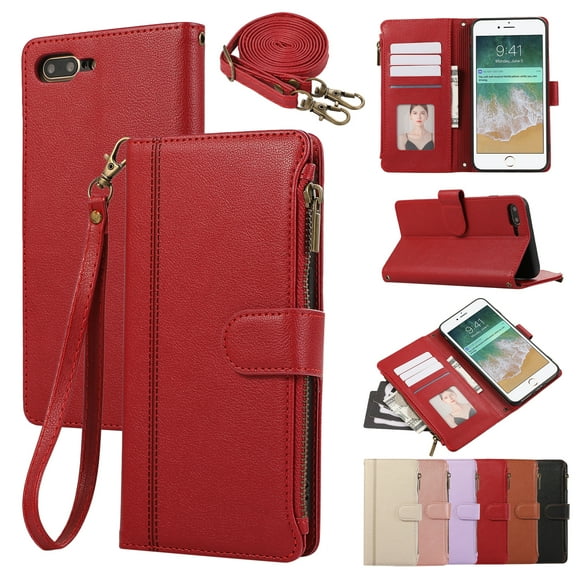 for iPhone 7 / 8 / SE 2022 & 2020 Wallet case with Card Holder for Women Men,Phone case RFID Blocking PU Leather Flip Cover with Strap Zipper Credit Card Slots,Kickstand,With Wrist Strap,Red