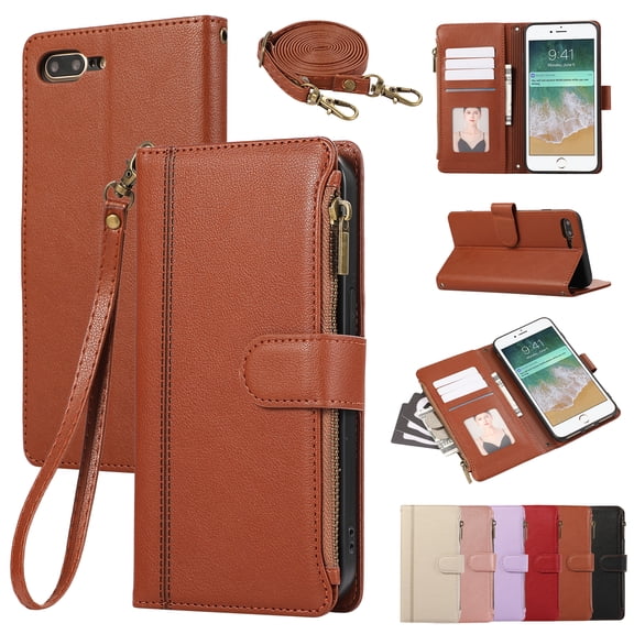 for iPhone 7 / 8 / SE 2022 & 2020 Wallet case with Card Holder for Women Men,Phone case RFID Blocking PU Leather Flip Cover with Strap Zipper Credit Card Slots,Kickstand,With Wrist Strap,Brown